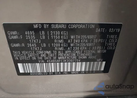 2019 Subaru Outback 2.5I Premium из США, поврежденный, VIN 4S4BSAFC3K3307704